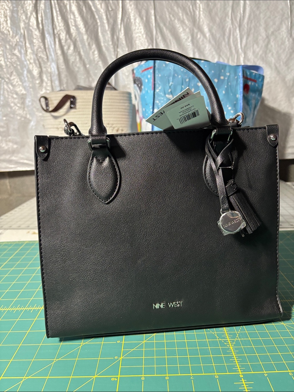 Nine West Black Structured Leather Tote with Tassel Charm